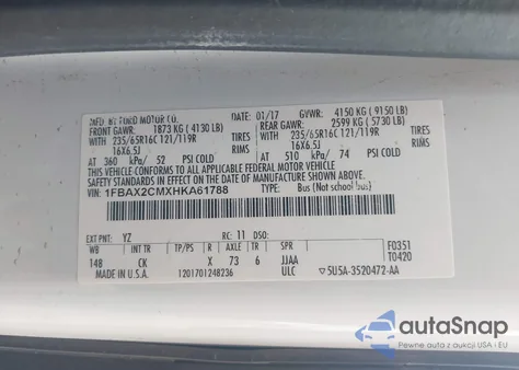 2017 Ford Transit-350 Xlt z USA, uszkodzony, nr VIN 1FBAX2CMXHKA61788